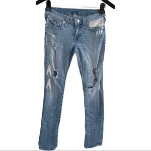 True Religion 27 Women's Slim Straight Stretch Bleach Splatter Distressed Jeans